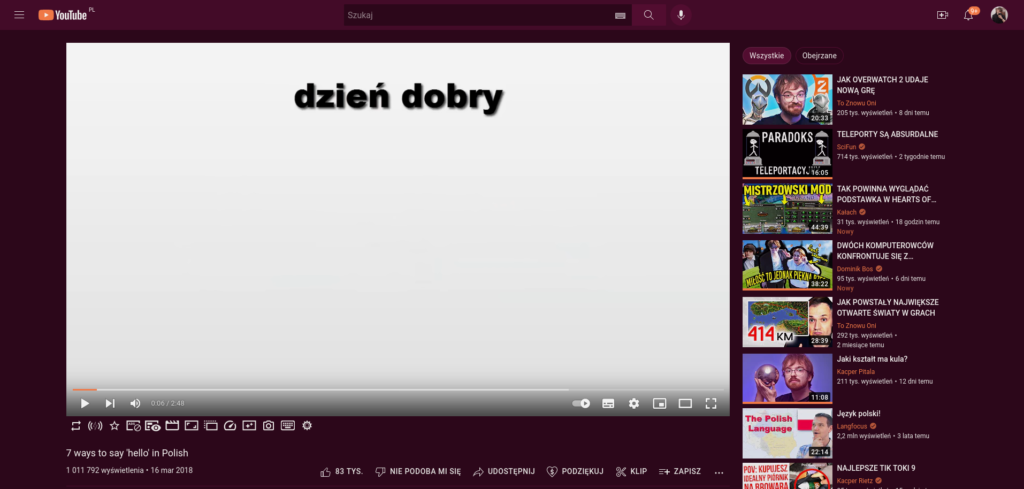 Youtube w motywie Ubuntu Purple