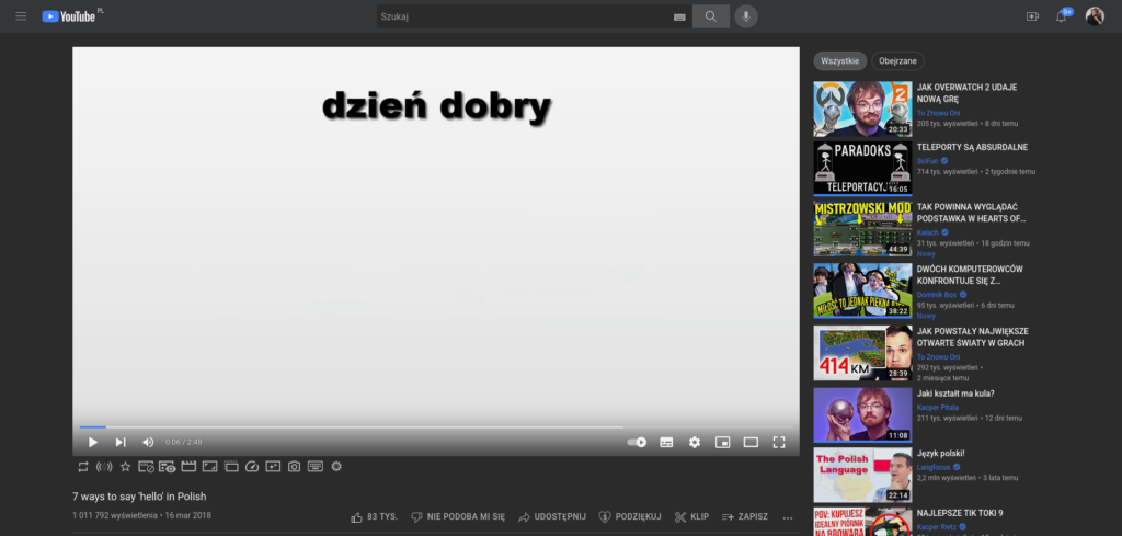 Youtube w motywie Vertex Dark