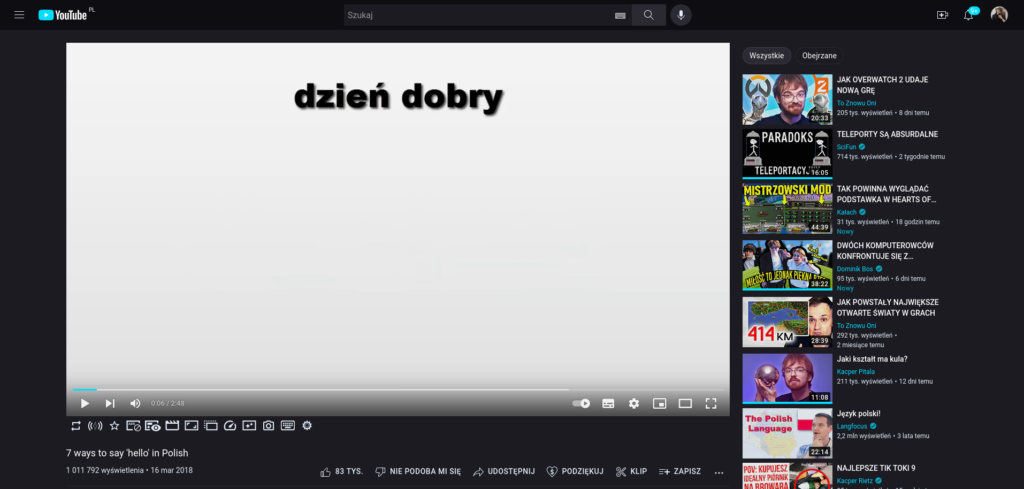 Youtube w motywie Firefox Dark